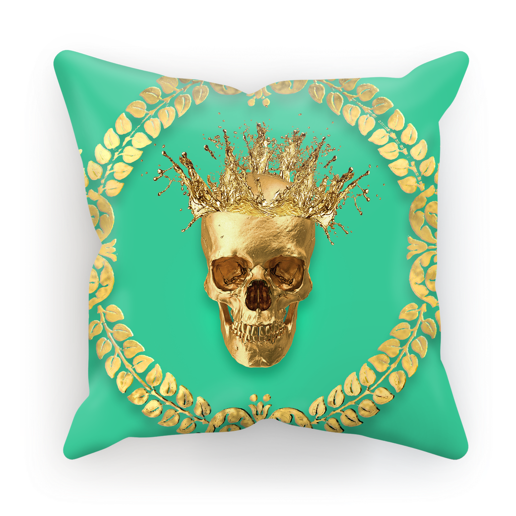 Caesar Gilded Skull- French Gothic Satin & Suede Pillowcase in Bold Jade Teal | Le Leanian™