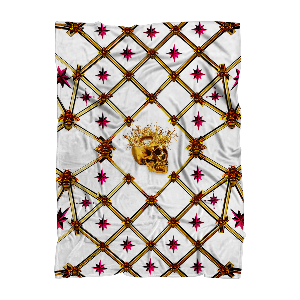 Skull Gilded Honeycomb & Magenta Stars- Classic French Gothic Fleece Blanket in White | Le Leanian™