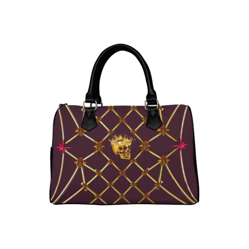 Gold Skull and Magenta Stars- Honey Bee Pattern- Classic Boston Handbag in Colors Eggplant Wine-Wine Red and Black