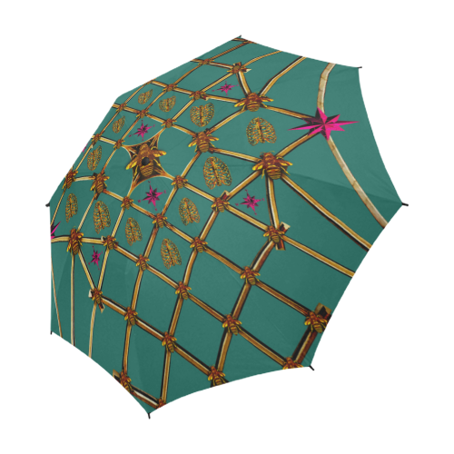 Bee Divergence Gilded Ribs & Magenta Stars- Semi & Auto Foldable French Gothic Umbrella in Jade | Le Leanian™