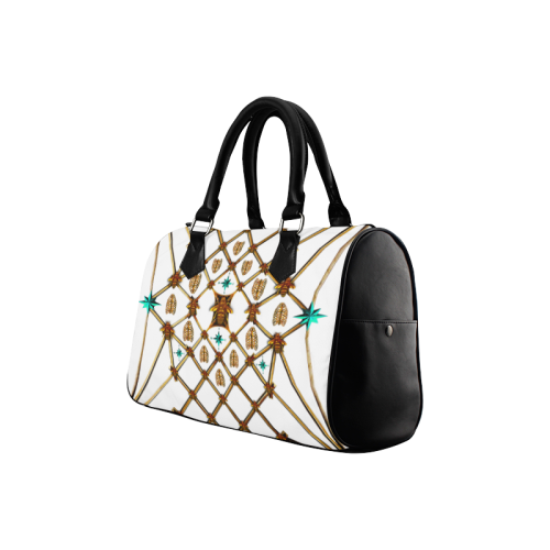 Women's Handbag-Boston Bag- Gold Bee & Ribs Pattern in Color WHITE and BLACK
