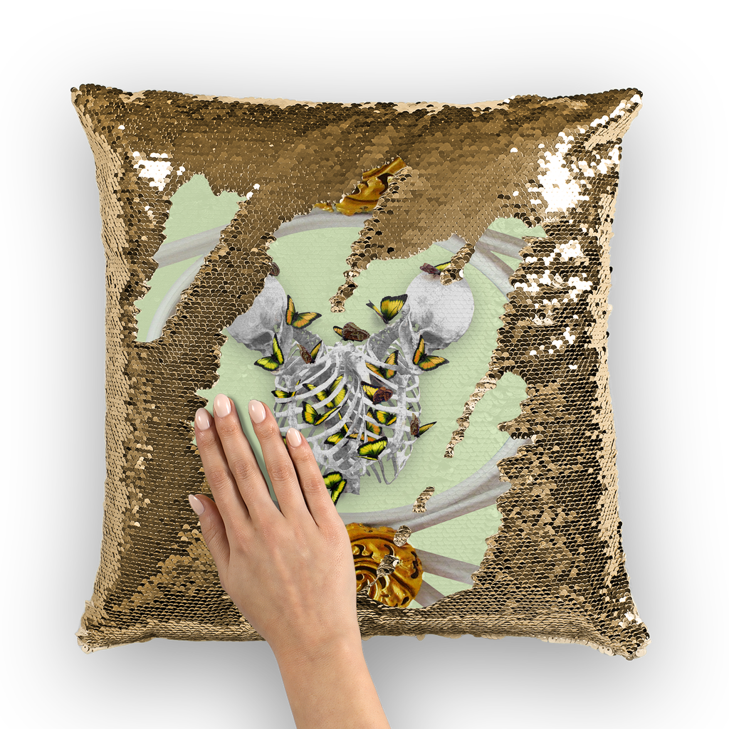 Versailles Gilded Skull Divergence Golden Whispers- French Gothic Sequin Pillowcase or Throw Pillow in Pale Green | Le Leanian™