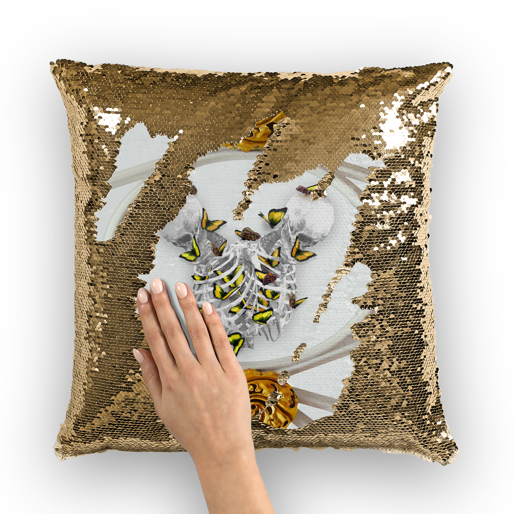 Siamese Skeletons & Gold Butterfly- Gold Sequin Pillow Case- French Gothic- Gothic Chic- Color Light Gray- Gray