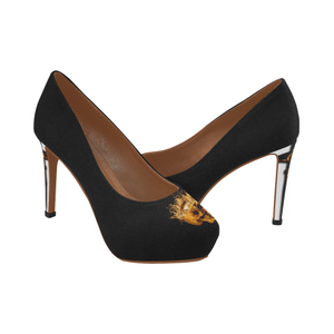 Black Women's High Heels with Gold Skull on Toes and Crucifix on Heel.