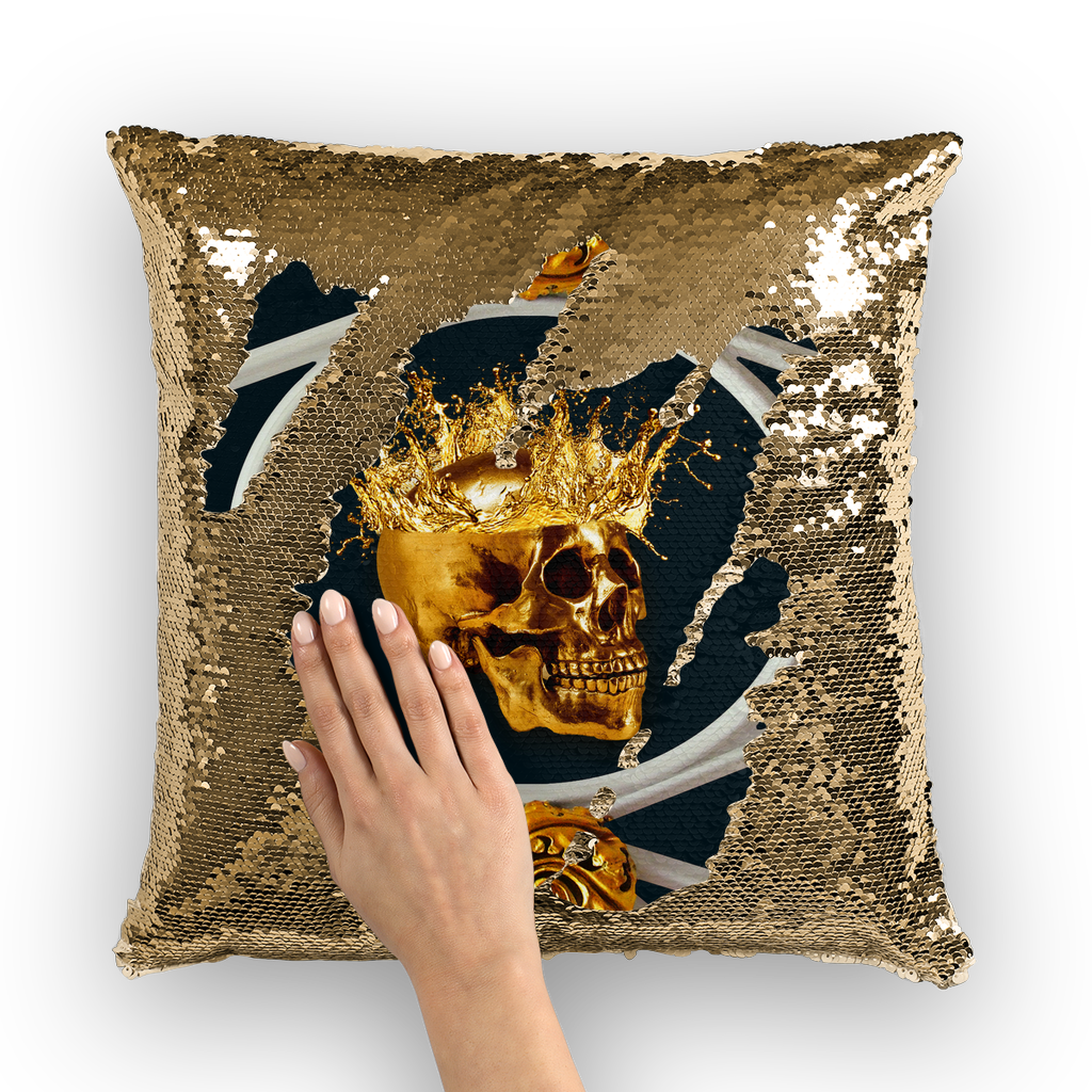 Versailles Golden Skull- French Gothic Sequin Pillowcase or Throw Pillow in Midnight Teal | Le Leanian™