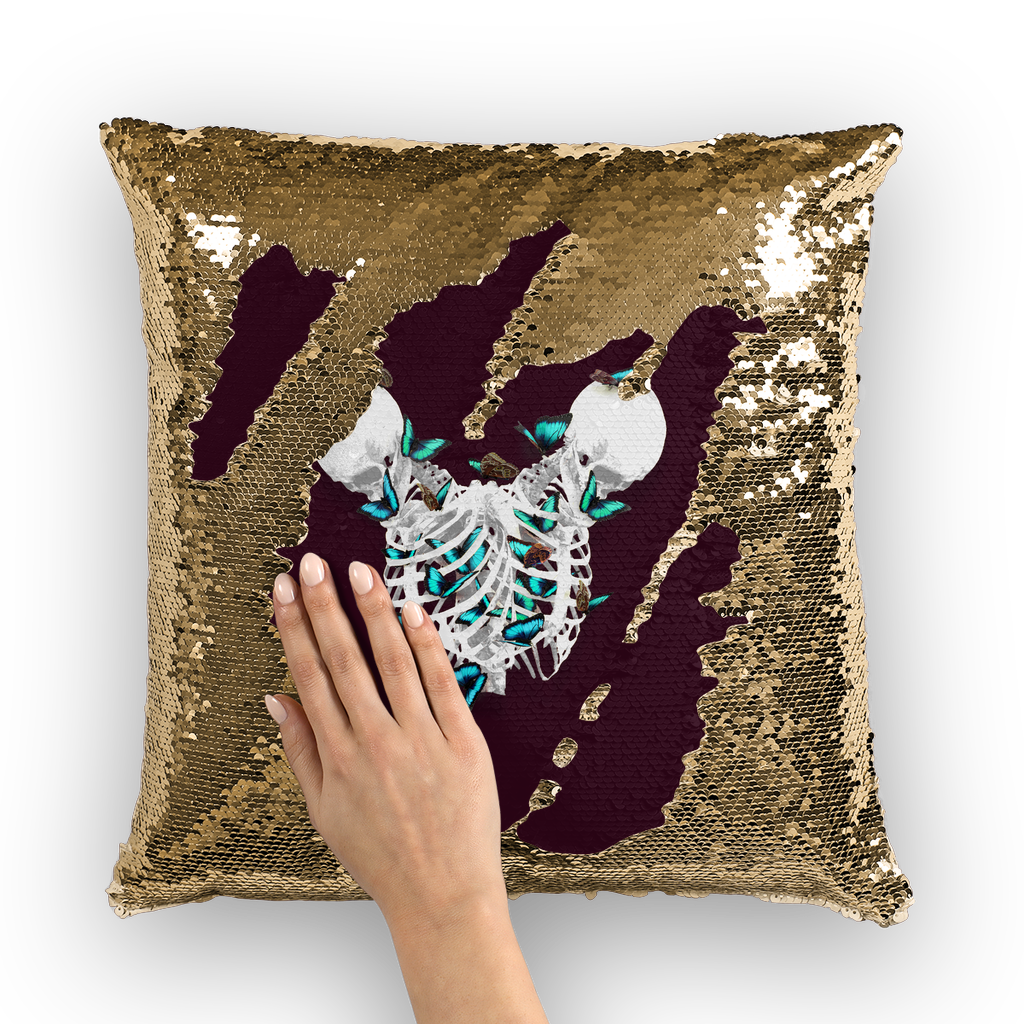 Siamese Skeletons with Gold Butterflies coming out The Rib cage-Gold Sequin Pillowcase-Eggplant Wine Red