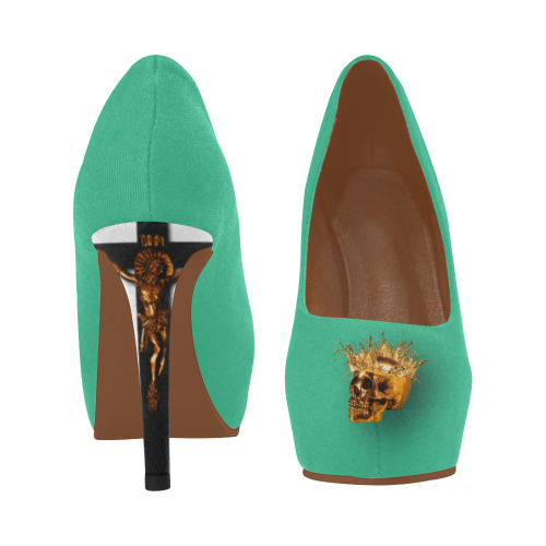 Dripping in Gold Skull & Cross- Women's French Gothic Heels in Bold Jade Teal-Peep Heel | Le Leanian™