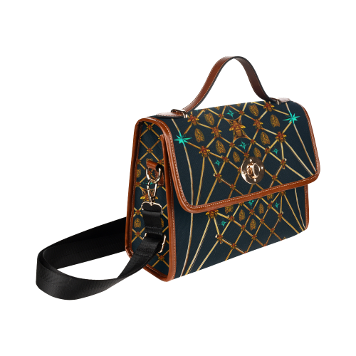 Gold Bee & Ribs- Women's Clutch Handbag in Color Midnight TEAL,  BLUE and Tan