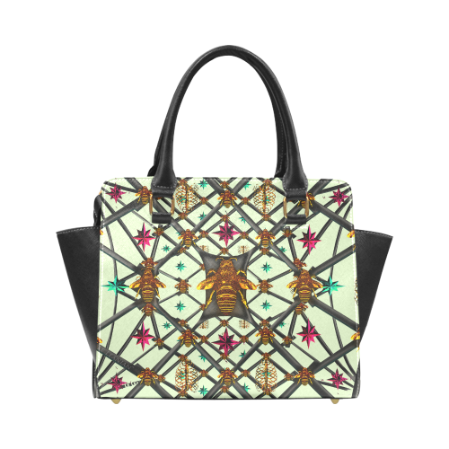 Bee Divergent Abstract- Classic French Gothic Riveted Satchel Handbag in Pale Green | Le Leanian™