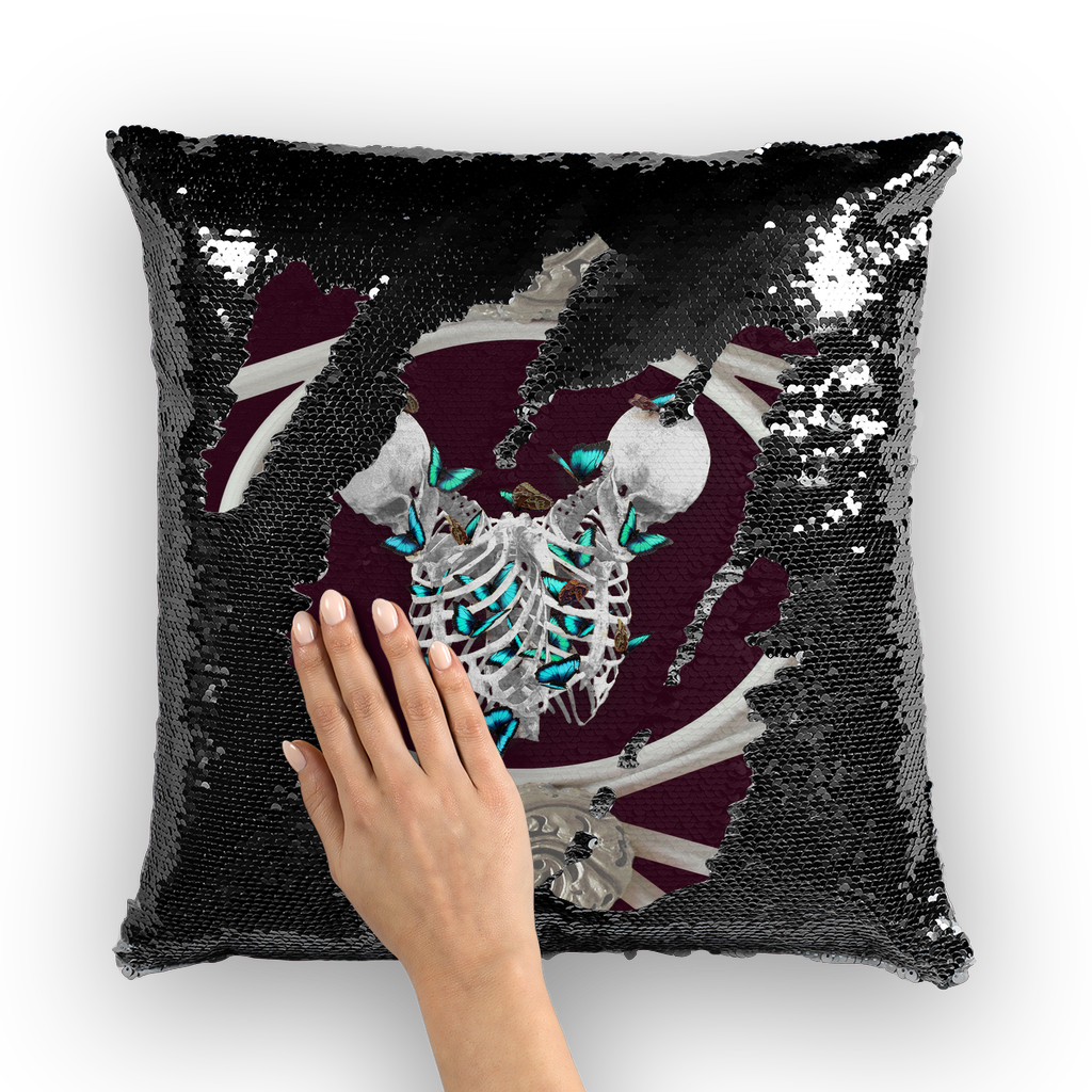Versailles Divergence Skull Teal Whispers- French Gothic Sequin Pillowcase or Throw Pillow in Eggplant Wine | Le Leanian™