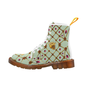 Golden Skull & Magenta Stars- Women's French Gothic Combat  Boots in Pastel on White | Le Leanian™