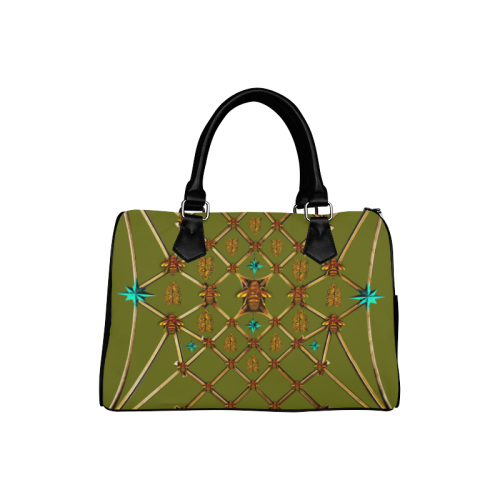 Women's Handbag-Boston Bag- Gold Bee & Ribs Pattern in Color olive GREEN and BLACk