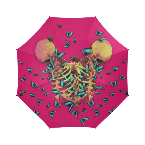 Siamese Skull Morpho-Semi-Auto Foldable French Gothic Umbrella in Bold Fuchsia | Le Leanian™
