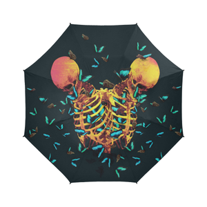 Siamese Skull Morpho-Semi-Auto Foldable French Gothic Umbrella in Midnight Teal | Le Leanian™
