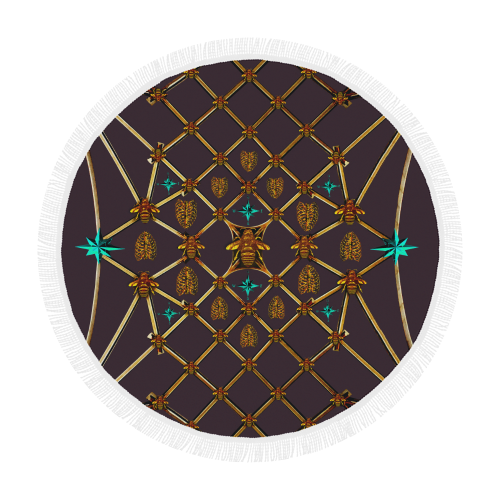 Bee Divergence Ribs & Teal Stars- Circular French Gothic Medallion Beach Throw in Muted Eggplant Wine | Le Leanian™