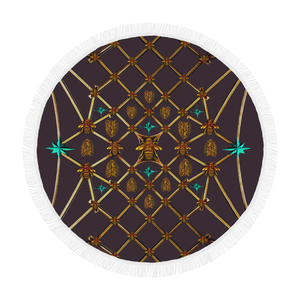 Bee Divergence Ribs & Teal Stars- Circular French Gothic Medallion Beach Throw in Muted Eggplant Wine | Le Leanian™