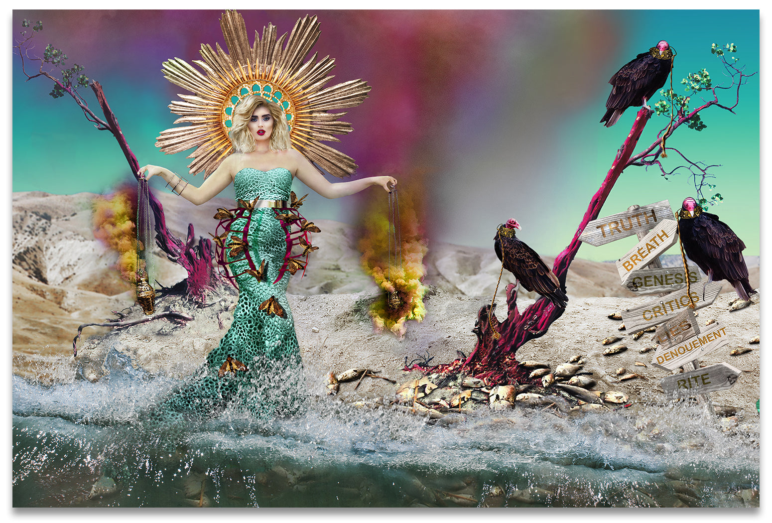 Book of Revelation Inspired Madonna on a beach with dead fish and Vultures.