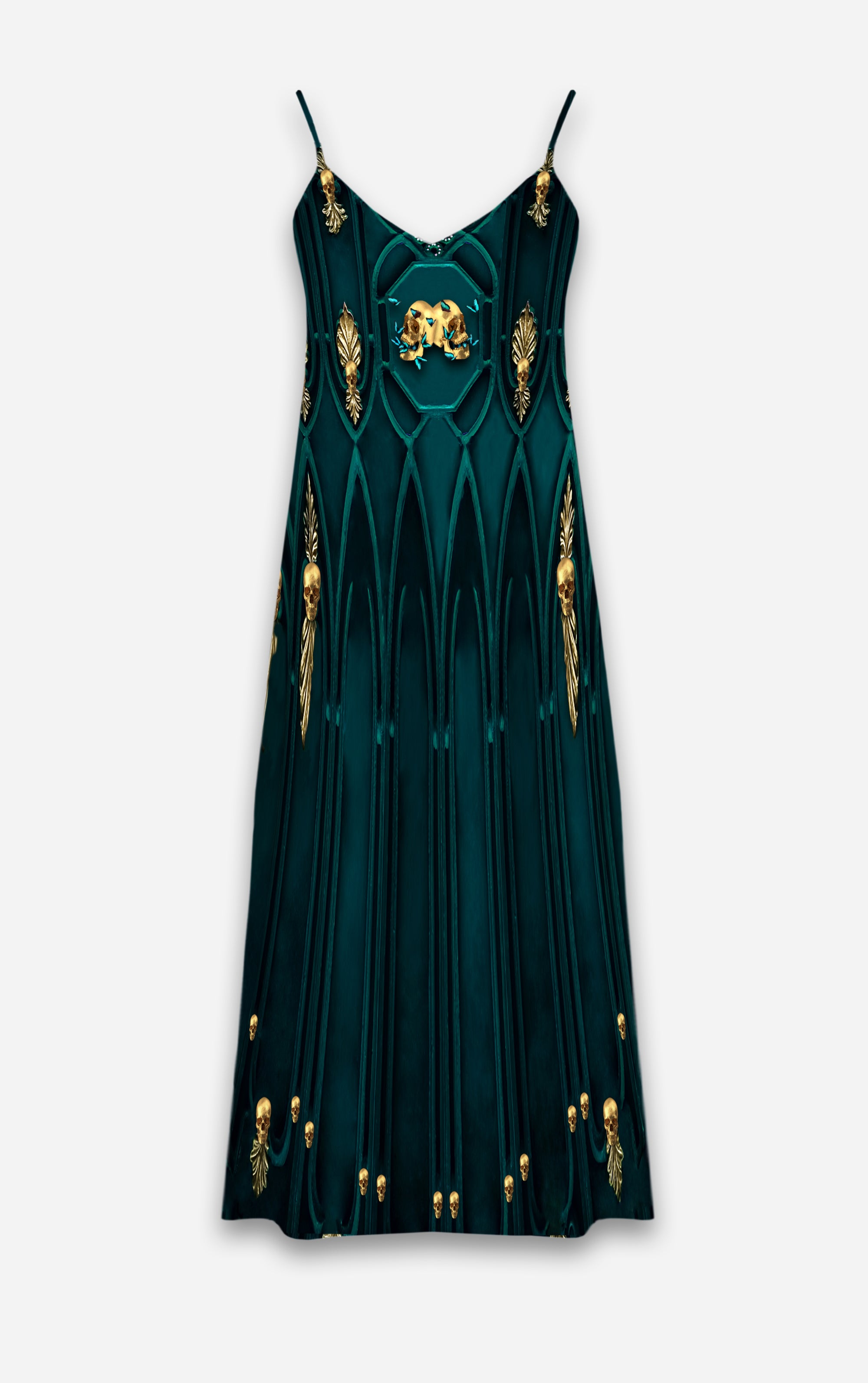 All Saints Cathedral- French Gothic V Neck Slip Dress in Midnight Teal | Le Leanian™
