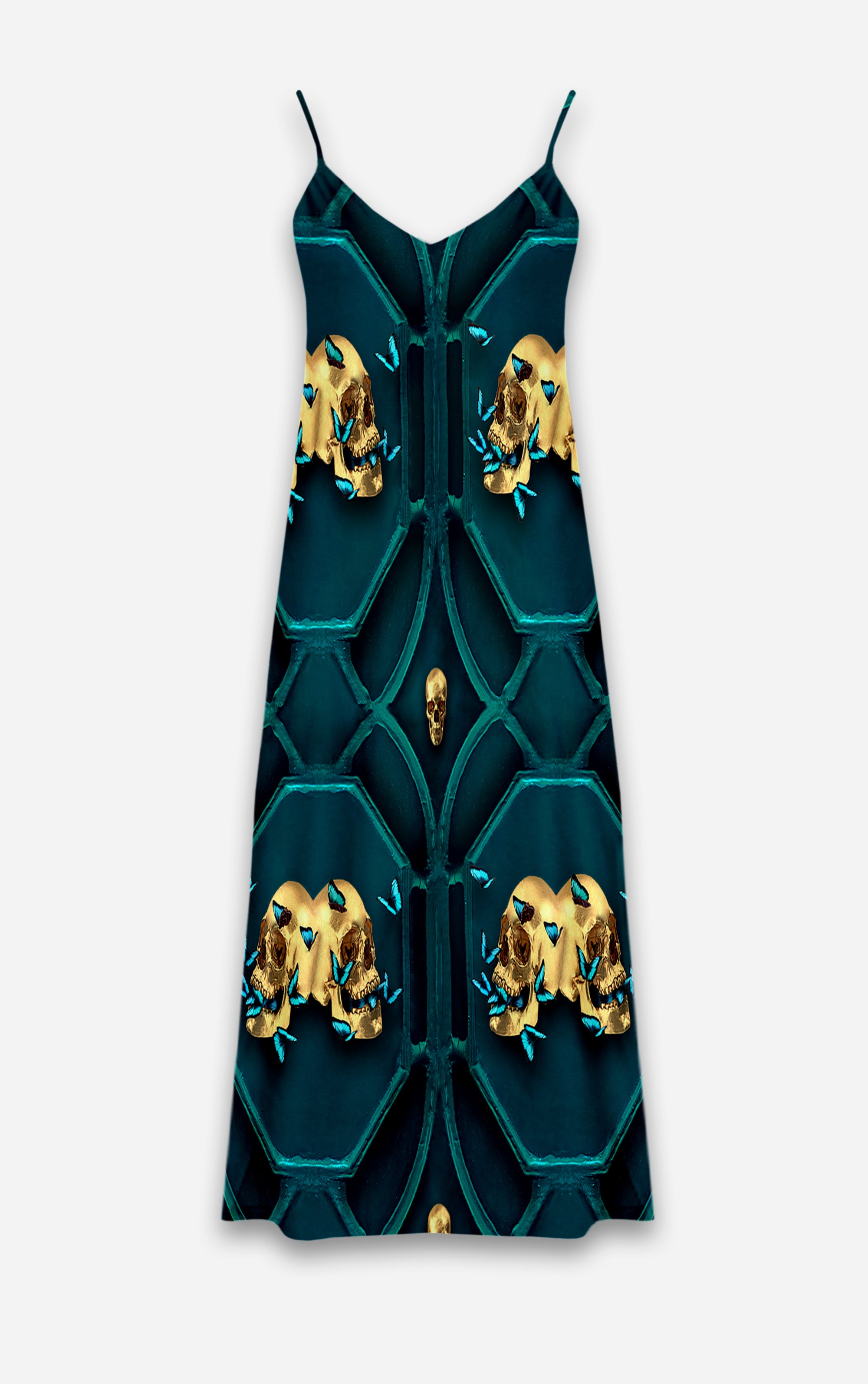 All Saints Double Nouveau- 100% Silk Satin French Gothic V Neck Slip Dress in Midnight Teal | Le Leanian™