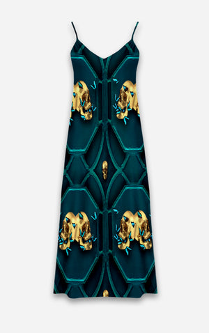 All Saints Double Nouveau- 100% Silk Satin French Gothic V Neck Slip Dress in Midnight Teal | Le Leanian™