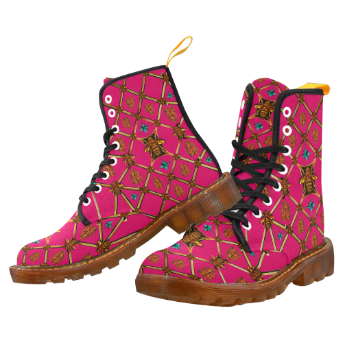Women's Gilded Honey Bee and Ribs Pattern- Military Marten Style Lace-Up Boots- in Color Bold Fuchsia, Bright Pink, Pink