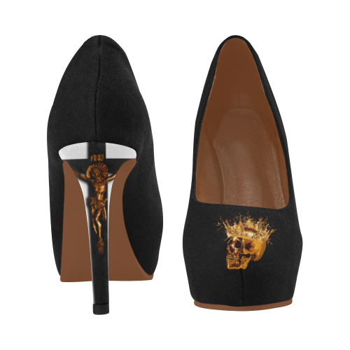 Black Womens High Heels with Gold Skull on Toes and Crucifix on Heel.