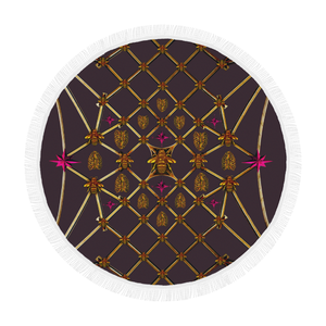 Bee Divergence Ribs & Magenta Stars- Circular French Gothic Medallion Beach Throw in Muted Eggplant Wine | Le Leanian™