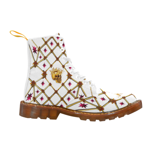 Golden Skull & Magenta Stars- Women's French Gothic Combat  Boots in White on White | Le Leanian™