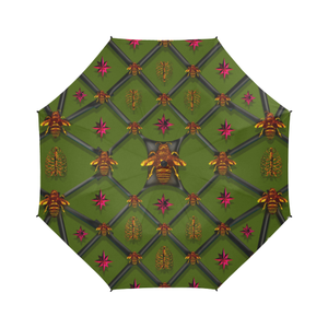 Bee Divergent Ribs & Magenta Stars- Semi Auto Foldable French Gothic Umbrella in Bold Olive | Le Leanian™