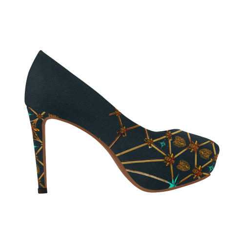 Gilded Ribs & Hive- Women's French Gothic Heels in Midnight Teal | Le Leanian™