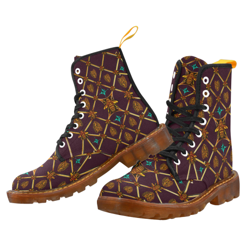 Women's Gilded Honey Bee and Ribs Pattern- Military Marten Style Lace-Up Boots- in Color Eggplant Wine, Wine Red, Purple, Blood Purple