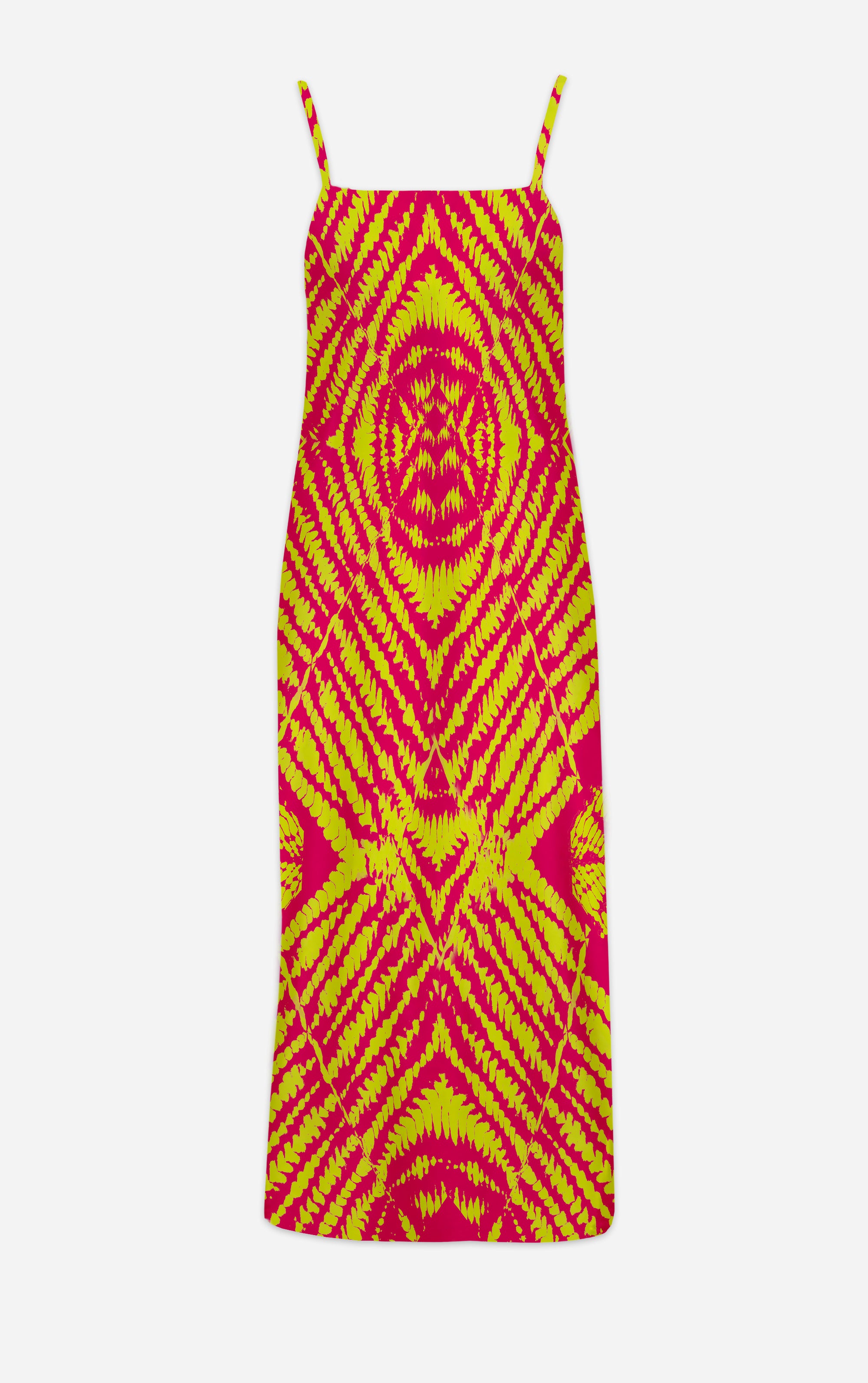 Byzantine Tie Dye- 100% Silk Satin French Gothic V Neck Slip Dress in Bold Fuchsia & Mustard | Le Leanian™