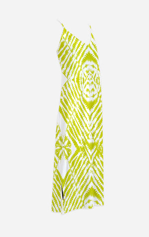 Byzantine Tie Dye- 100% Silk Satin French Gothic V Neck Slip Dress in White & Mustard | Le Leanian™