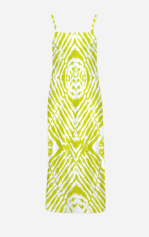 Byzantine Tie Dye- 100% Silk Satin French Gothic V Neck Slip Dress in White & Mustard | Le Leanian™