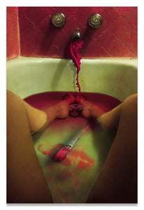 woman in bathtub birthing a paintbrush covered in crimson paint.