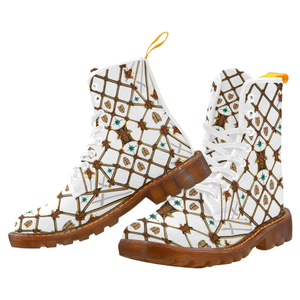 Women's Marten Style Military Boot- BEE RIBS STAR Pattern-Color White on WHITE