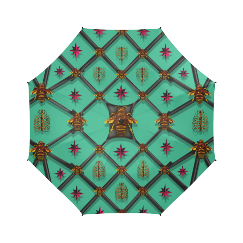Bee Divergent Ribs & Magenta Stars- Semi Auto Foldable French Gothic Umbrella in Bold Pastel Jade | Le Leanian™