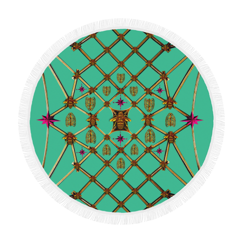 Bee Divergence Gilded Ribs & Magenta Stars- Circular French Gothic Medallion Beach Throw in Bold Jade Teal | Le Leanian™