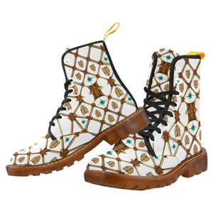 Women's Gilded Honey Bee and Ribs Pattern-Teal Stars- Military Marten Style Lace-Up Boots- in Color White