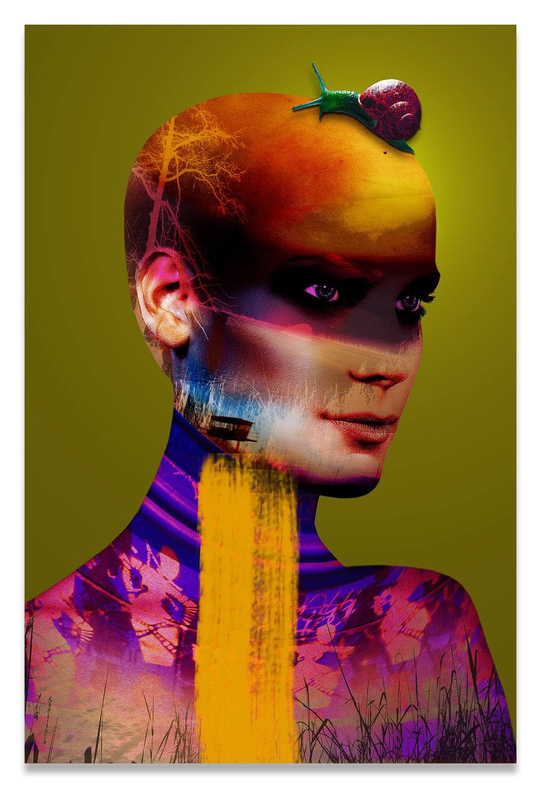 Colorful Chartreuse Surreal Portrait of a Bald Woman with a Snail on her Head.