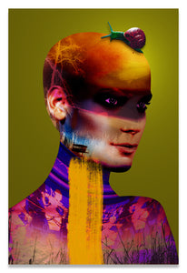 Colorful Chartreuse Surreal Portrait of a Bald Woman with a Snail on her Head.