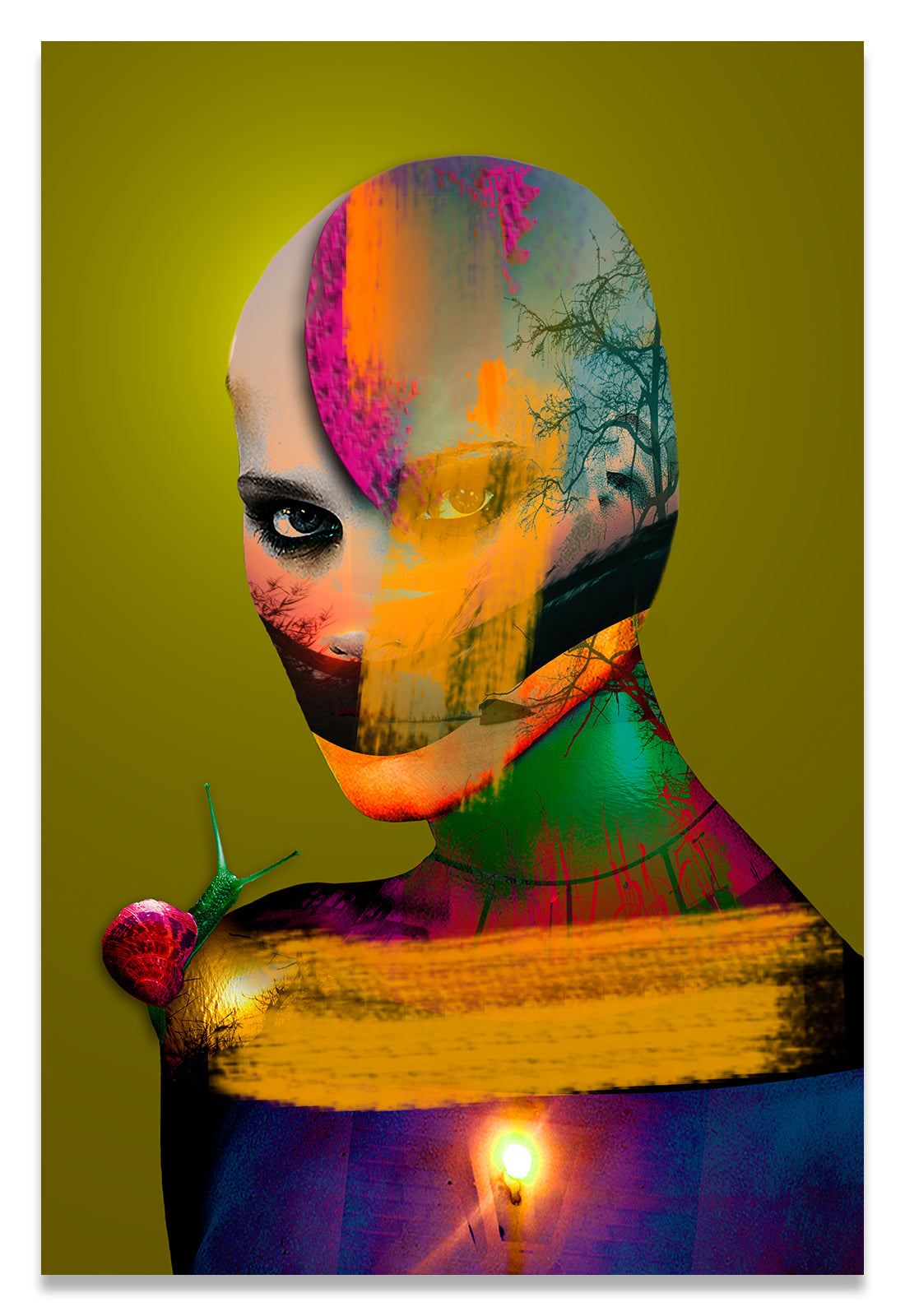 Bold Colored Portrait of a Bald Woman Covered in Paint with a Snail on her Shoulder.