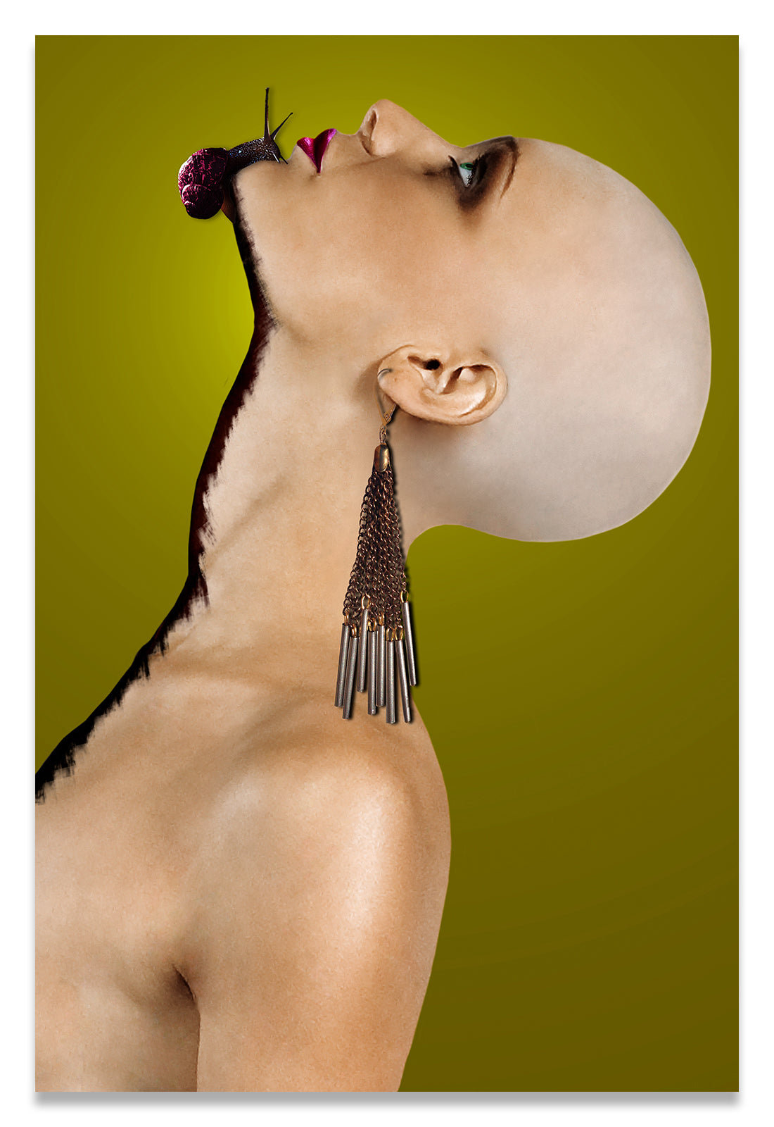 Colorful Chartreuse Surreal Portrait of a Bald Woman with a Snail Crawling up her Neck.