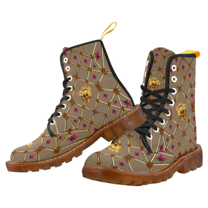 Women's Gold Skull and Magenta Stars- Marten Boots- Lace-Up Combat Boots in Color Neutral Camel, Tan, Brown