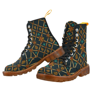 Women's Gilded Honey Bee and Ribs Pattern- Military Marten Style Lace-Up Boots- in Color Midnight Teal, Navy Blue