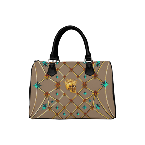 Gold Skull and Teal Stars-Honey Bee- Classic Boston Handbag- in Color Neutral Camel, Clay, Tan, Brown, Neutral