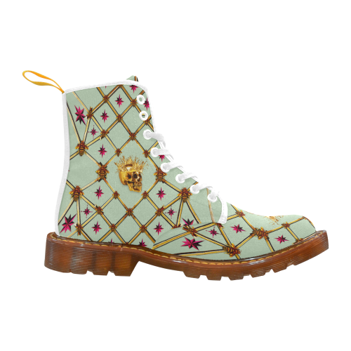 Golden Skull & Magenta Stars- Women's French Gothic Combat  Boots in Pastel on White | Le Leanian™