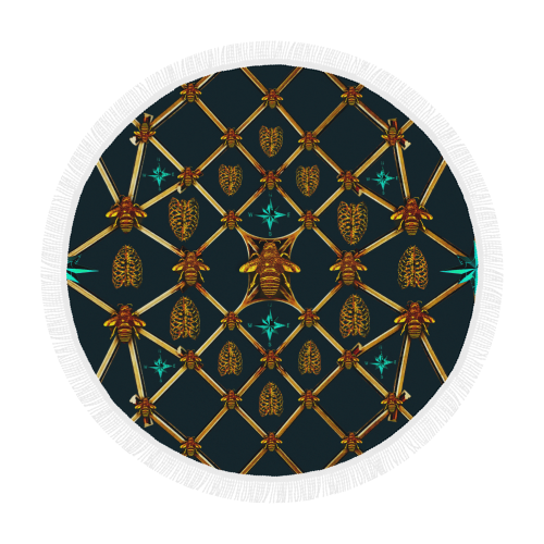 Bee Divergence Gilded Bees & Ribs Teal Stars- Circular French Gothic Medallion Beach Throw in Midnight Teal | Le Leanian™