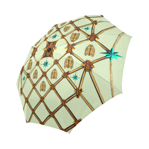 Bee Divergence Gilded Ribs & Teal Stars- Semi & Auto Foldable French Gothic Umbrella in Pale Green | Le Leanian™