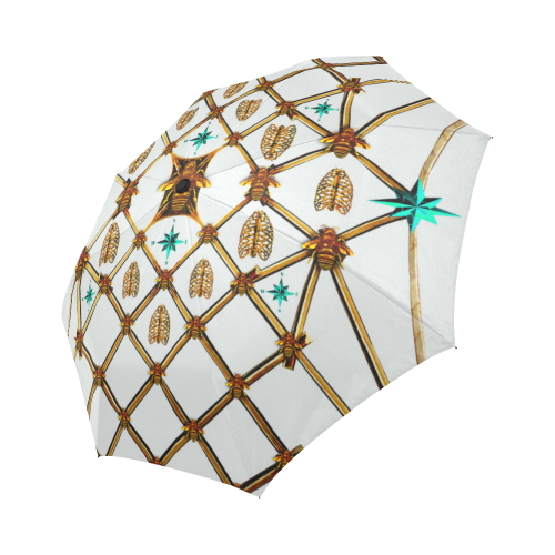 Bee Divergence Gilded Ribs & Teal Stars- Semi & Auto Foldable French Gothic Umbrella in Lightest Gray | Le Leanian™